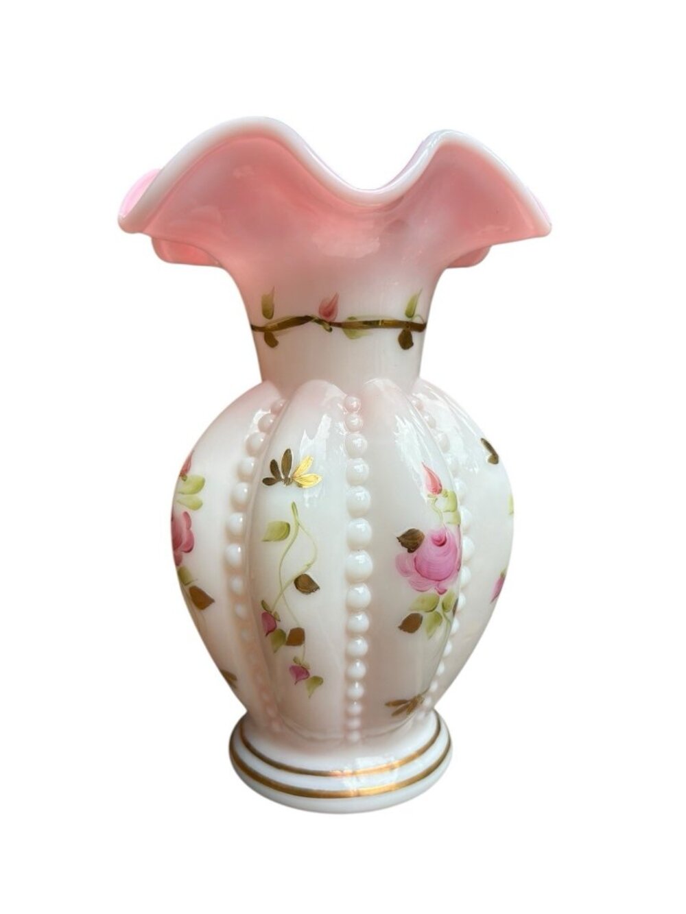 Fenton Rosalene Charleton Collection Hand Painted Beaded Melon Vase 2002 Signed